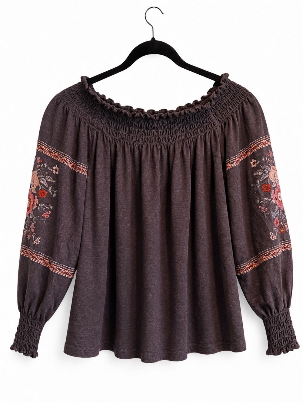 American Eagle Outfitters Charcoal Off-Shoulder Blouse with Floral Embroidery